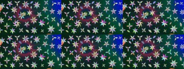 Mavi ve yeşil renkte manzaralı çiçek deseni. Üst manzara, yumuşak stil. Sevgililer günü ve tebrik kartı konsepti için şık bir davetiye. Çiçek kompozisyonu, el boyası, hassas şablon..