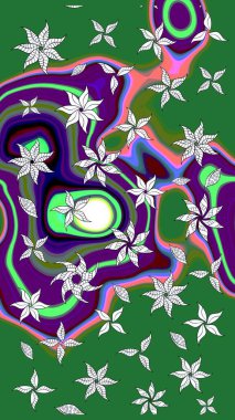 Yeşil ve nötr el çizimi desen. Sanat insana ilham verir ve doğal bir şekilde çiçek bırakır. Raster deseni. Karalama çiçekleri çizim deseni.