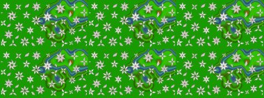 Raster illüstrasyonu. Asya tekstil tarzında. Çiçek desenli çizim. Raster illüstrasyonu. Yeşil renkte çiçekler.