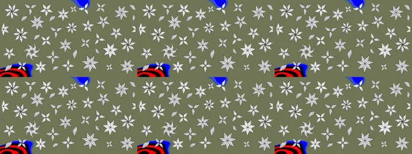 Raster Floral Illustration, Asyalı tekstil. Yeşil ve beyaz renkli etnik çiçeklerle zarif bir eskiz deseni.