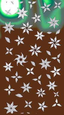 Raster çiçek desenli çiçek deseni, yapraklar, dekoratif elementler, sıçrama, lekeler, el çizimi kontur çizgileri ve Doodle çizim stili, grafik raster çizim çizimi.