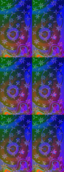 Çiçek desenli çizim. Raster illüstrasyonu. Asya tekstil tarzında. Mavi ve mor renkli çiçekler. Raster illüstrasyonu.