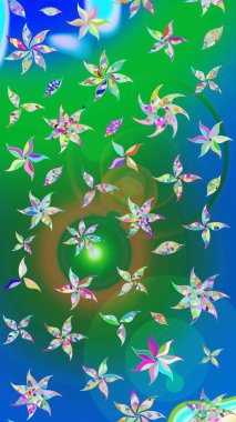 Yeşil ve mavi renkli etnik çiçekli zarif eskiz deseni. Raster Çiçek İllüstrasyonu güzel tekstil..