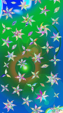 Yeşil ve mavi renkli etnik çiçekli zarif eskiz deseni. Raster Çiçek İllüstrasyon Şirin Tekstil.