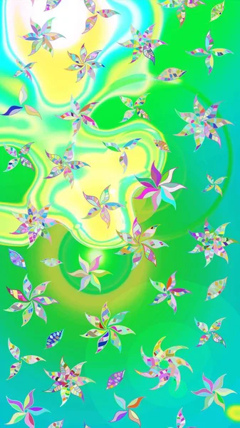 Çiçeksel fantezi tasarımı ve parlak bir arka plan çizimi. Renkli Bahar Teması eskiz kalıbı. Düz Çiçek Elementleri Tasarımı.