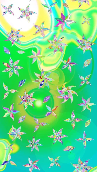 Yapraklı çiçekler ve yeşil ve mavi renkli papatya çiçekleri. Eskiz arkaplan modeli. Raster - stok.