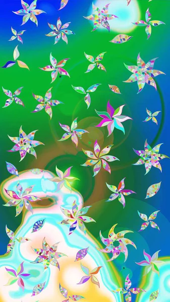 Sevimli çiçek raster deseni. Yeşil ve mavi renkte çiçekler. Renkli Bahar Teması eskiz kalıbı. Düz Çiçek Elementleri Tasarımı.