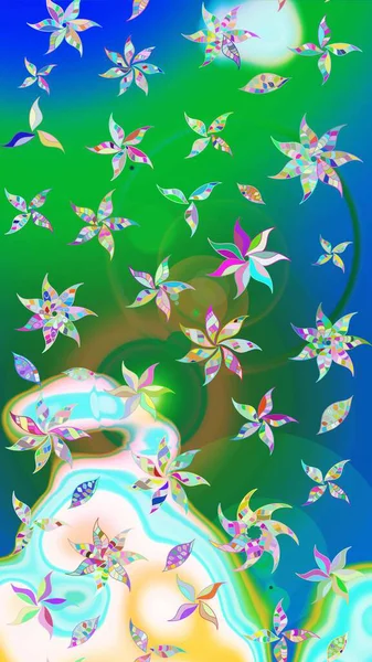 Çiçekli güzel suluboya desen. Raster illüstrasyonu. Yeşil ve mavi renklerde.