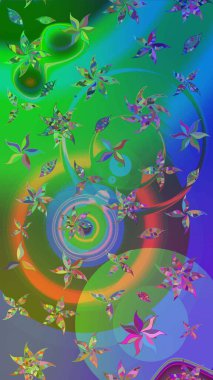 Raster illüstrasyonundaki çiçek desenli çizim. Yeşil ve mavi renkte çiçekler.