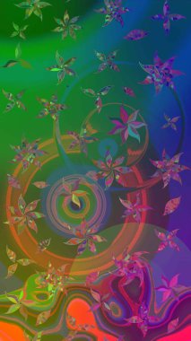 Raster illüstrasyonundaki çiçek desenli çizim. Yeşil ve mavi renkte çiçekler. Renkli Yaz Temalı eskiz kalıbı. Düz Çiçek Elementleri Tasarımı.