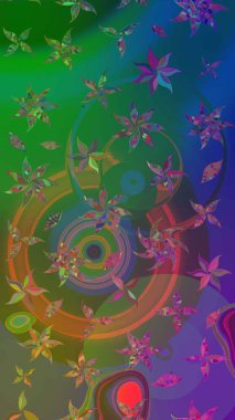 Raster düz çiçek çizim deseni. Hediye ambalaj kağıdı, tebrik kartları, posterler ve pankart tasarımı. Yeşil ve mavi renkte çiçekler.