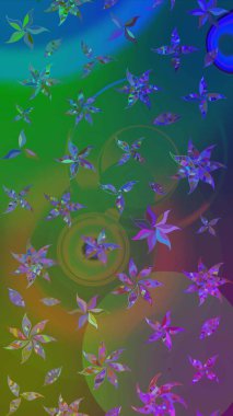 Raster illüstrasyonundaki çiçek desenli çizim. Yeşil ve mavi renkte çiçekler. Renkli Bahar Teması eskiz kalıbı. Düz Çiçek Elementleri Tasarımı.