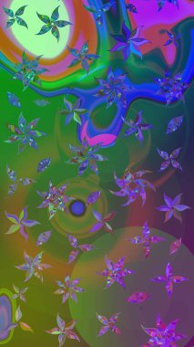 Yeşil ve mavi renkli etnik çiçekli zarif eskiz deseni. Raster Çiçek İllüstrasyonu güzel tekstil..