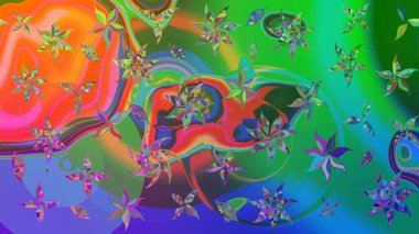 Raster illüstrasyonundaki çiçek desenli çizim. Yeşil ve mavi renkte çiçekler.