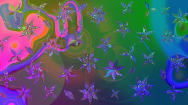 Çok yeşil ve mavi zarif küçük çiçekler ve yeşil ve mavi renkli komik böcekler, raster desen, illüstrasyon.