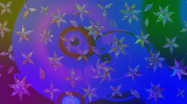 3D çiçekler, eskiz. Raster illüstrasyonu. Mor ve mavi renklerde.