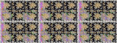 Altın karalama fantezi yapraklarından Raster soyut çiçek çelengi ve gri ve siyah renkli bir çiçek. El yapımı dekoratif çerçeve, albüm kapağı, tebrik kartı, klasik Art deco tarzı.