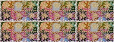 Damask arkaplanı. Altın çiçekli, pürüzsüz desen. Gri ve nötr renklerdeki altın element. Barok tarzında altın çiçekli süs..