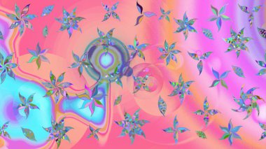 Raster illüstrasyonu. Düz Çiçek Elementleri Tasarımı. Çiçekli çiçek deseni, suluboya. Renkli Bahar Teması eskiz kalıbı. Pembe ve mavi renkte çiçekler.