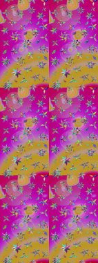 Şatafatlı bahar bahçesi dokusu. Çiçek deseni. Raster illüstrasyonu. Mor ve sarı renkte çiçekler. Mor ve sarı renkler üzerine çiçek çizimi.