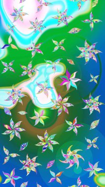 Çiçekler yeşil ve maviye. Eskiz arkaplan modeli. Suluboya, elle çizilmiş. Raster stoku.