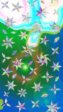 Çiçek desenli raster, mavi ve yeşil çizgi grafik desenli soyut raster arkaplan. Modern stil dokusu.