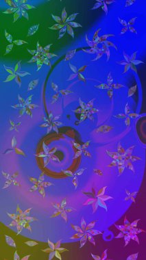 Çiçekli ipek eşarp. El çizimi çiçek unsurları olan soyut çizim raster deseni. 1950-1960 motifleri. Retro tekstil tasarım koleksiyonu. Mor ve mavi üzerine mor ve mavi.