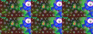 Sevimli çiçek raster deseni. Yeşil ve mavi renkte çiçekler. Sketch Colour Spring Theme eskiz kalıbı. Düz Çiçek Elementleri Tasarımı.