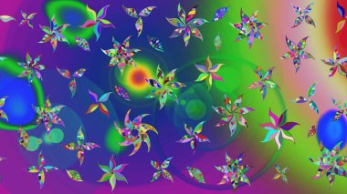 Raster Modaya uygun kumaş deseni. Renkli Bahar Teması eskiz kalıbı. Mavi ve yeşil renkli şirin çiçek desenleri. Düz Çiçek Elementleri Tasarımı.