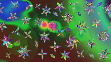 Raster illüstrasyonu. Moda baskısı, albüm, ambalaj kağıdı ve duvar kağıdı için zarif dekoratif süslemeler. Yeşil ve kahverengi renkli şirin çiçekler. Küçük çiçekli basit bir çiçek çizimi..