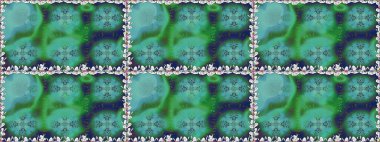 Yeşil ve mavi renkli Asya tekstili. Raster illüstrasyonu. Kusursuz çiçek deseni.