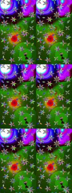 Yeşil ve mor renkli bitkilerden oluşan parlak çiçekli çizim deseni.