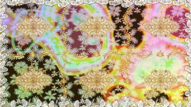 Tarafsız renklerde altın rengi ve altın elementler üzerinde altın pürüzsüz desen. Kusursuz damaske klasik altın desen. Tekrarlayan elementlerle soyut arkaplan oluşturun. Raster illüstrasyonu.