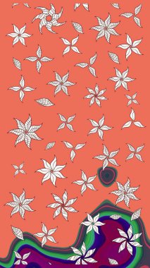 Raster illüstrasyonu. Suluboya çiçekli çiçek deseni. Turuncu ve nötr renklerde Asya tekstili.