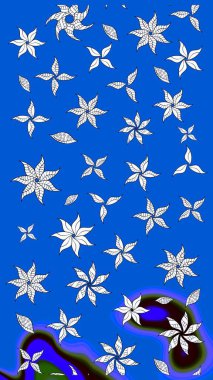 Raster illüstrasyonu. Şirin çiçekli eskiz deseni ve mavi ve nötr renklerde yapraklar, suluboya çiçek deseni, duvar kağıdı, kart veya kumaş için fayanslı.