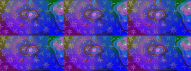 Patlayan çiçekler soyut olarak yerleştirilmiş. Raster deseni. Mor ve mavi renklerde bahar çiçekleri. Raster illüstrasyonu.