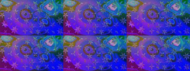 Mavili ve menekşe rengi zarif küçük çiçekler ve mavi ve mor renkli komik böcekler, raster desen, illüstrasyon.