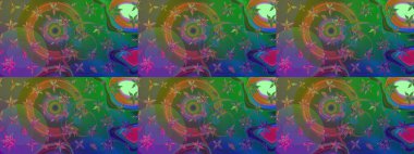 El çizimi çiçekli soyut çizim kalıbı. Raster illüstrasyonu. Yeşil ve mavi renkte çiçekler.