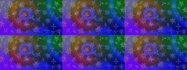 Raster düz çiçek çizim deseni. Hediye ambalaj kağıdı, tebrik kartları, posterler ve pankart tasarımı. Mor ve mavi renkte çiçekler.