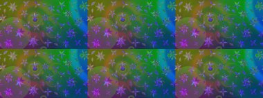 Yeşil ve mavi renkli bitkilerden oluşan parlak çiçekli çizim deseni.