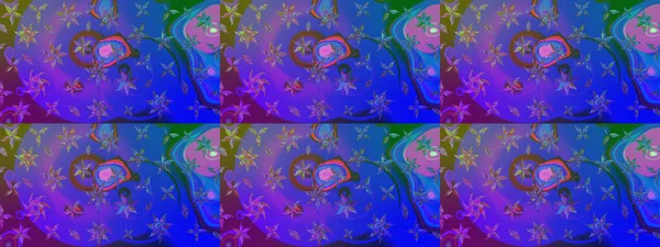 Patlayan çiçekler soyut olarak yerleştirilmiş. Raster deseni. Mor ve mavi renklerde bahar çiçekleri. Raster illüstrasyonu.
