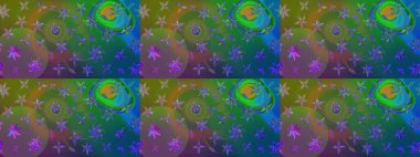 Çiçek deseni. Yeşil ve mavi renkte çiçek çizimi. Şatafatlı bahar bahçesi dokusu. Raster illüstrasyonu. Yeşil ve mavi renkte çiçekler.