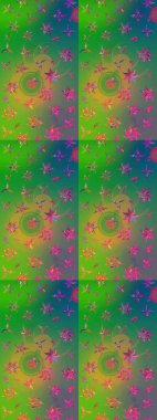 Raster düz çiçek çizim deseni. Hediye ambalaj kağıdı, tebrik kartları, posterler ve pankart tasarımı. Yeşil ve mavi renkte çiçekler.