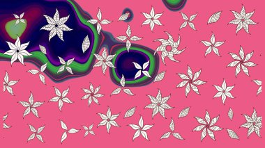 Raster çiçek desenli çiçek deseni, yapraklar, dekoratif elementler, sıçrama, lekeler, el çizimi kontur çizgileri ve Doodle çizim stili, grafik raster çizim çizimi.