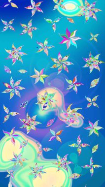 Parlak renkli çiçekleri olan ve mavi ve nötr renklerde yaprakları olan harika bir çiçek deseni. Moda baskıları için zarif bir şablon. Modern çiçek arkaplanı. Halk stili.