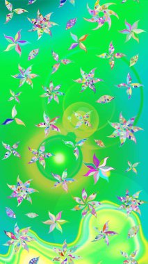 Raster illüstrasyonundaki çiçek desenli çizim. Yeşil ve mavi renkte çiçekler.