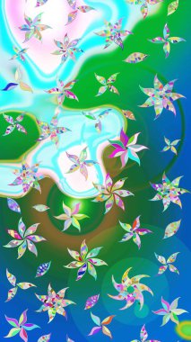 Çiçekli ipek eşarp. El çizimi çiçek unsurları olan soyut çizim raster deseni. 1950-1960 motifleri. Retro tekstil tasarım koleksiyonu. Mavi ve yeşil, mavi ve yeşil.