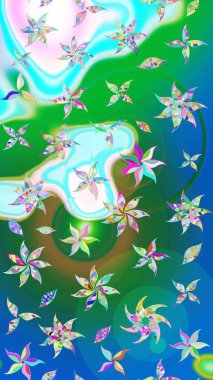 Yeşil ve mavi renkli etnik çiçekli zarif eskiz deseni. Raster Çiçek İllüstrasyon Şirin Tekstil.