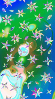 Sevimli çiçek raster deseni. Yeşil ve mavi renkte çiçekler. Renkli Bahar Teması eskiz kalıbı. Düz Çiçek Elementleri Tasarımı.