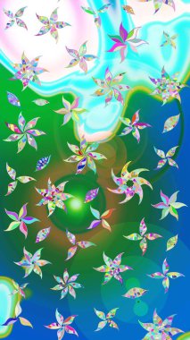 Şirin çiçek elementleri. Mavi ve yeşil renkli çiçekler. Raster illüstrasyonu. Çizim.